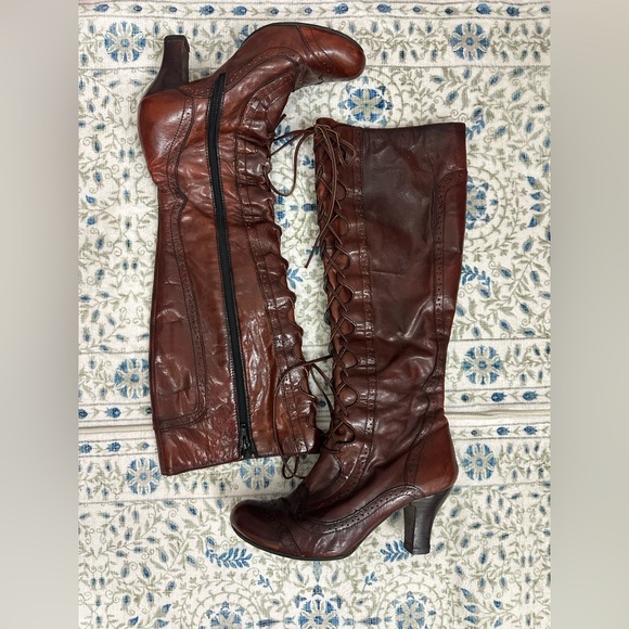 Born Crown Fall Brown Tall Leather Lace Up Steampunk Zip Heeled Boot - Picture 1 of 6